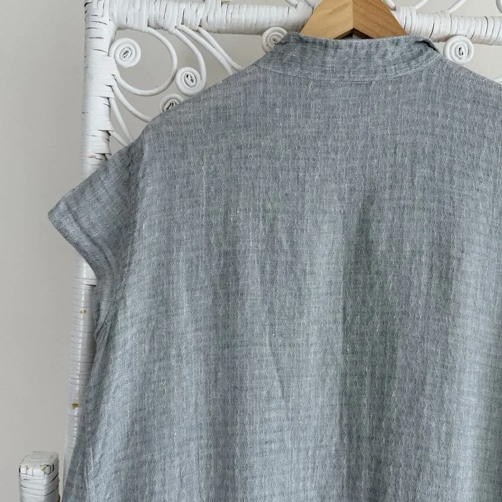 Artemesia Linen Collar Dress Large Gray Textured Crinkle Popover Pockets Midi - Picture 3 of 6